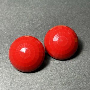 Dalsheim Vintage Signed Cherry Red Faceted Plastic Button Clip On Earrings